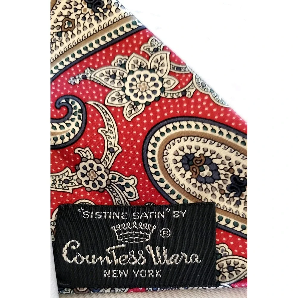 Countess Mara Necktie Sistine Satin Paisley Red Black Ivory Tie Logo Embroidered - Picture 11 of 11